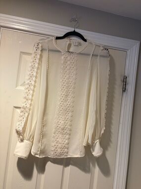 Joie Sheer Lace-Panel Long-Sleeve Blouse in Cream L